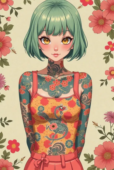 a mesmerizing surreal illustration of a young japanese woman. she has pastel green hair with blunt bangs, yellow eyes, and wears...