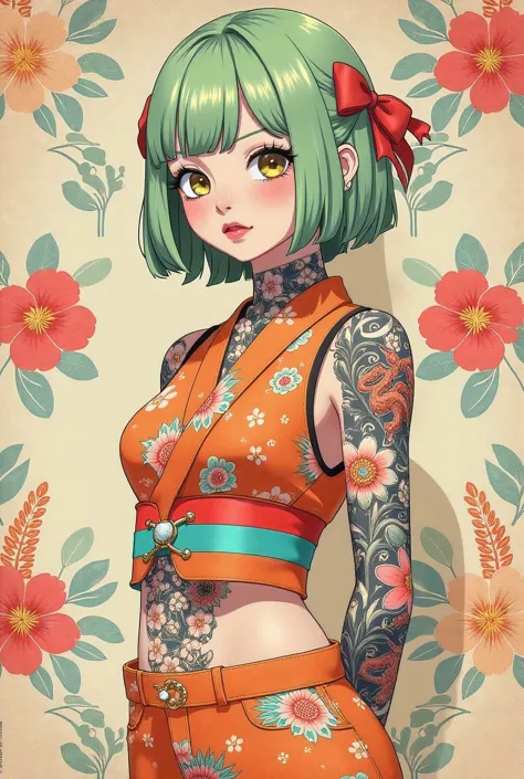 a mesmerizing surreal illustration of a young japanese woman. she has pastel green hair with blunt bangs, yellow eyes, and wears...