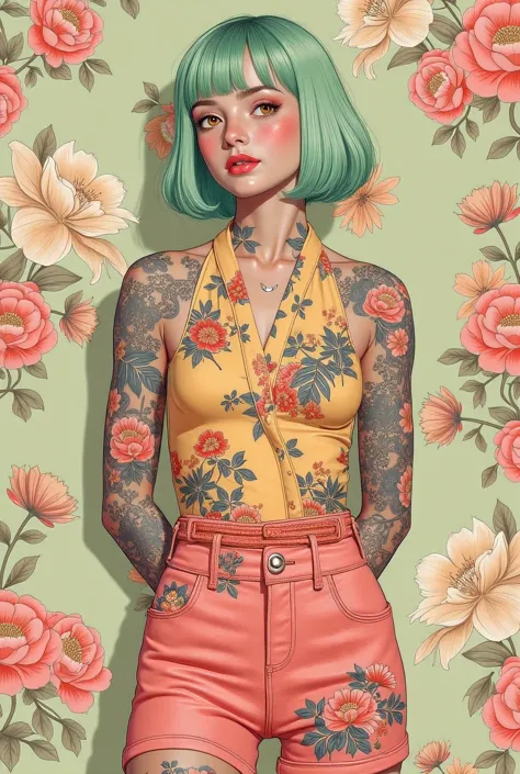 a mesmerizing surreal illustration of a young japanese woman. she has pastel green hair with blunt bangs, yellow eyes, and wears...