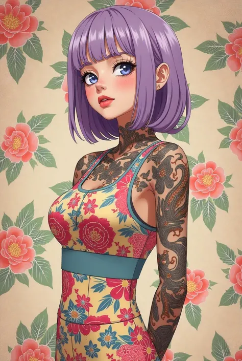 a mesmerizing surreal illustration of a young japanese woman. she has pastel purple hair with blunt bangs, blue eyes, and wears ...