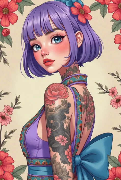 a mesmerizing surreal illustration of a young japanese woman. she has pastel purple hair with blunt bangs, blue eyes, and wears ...