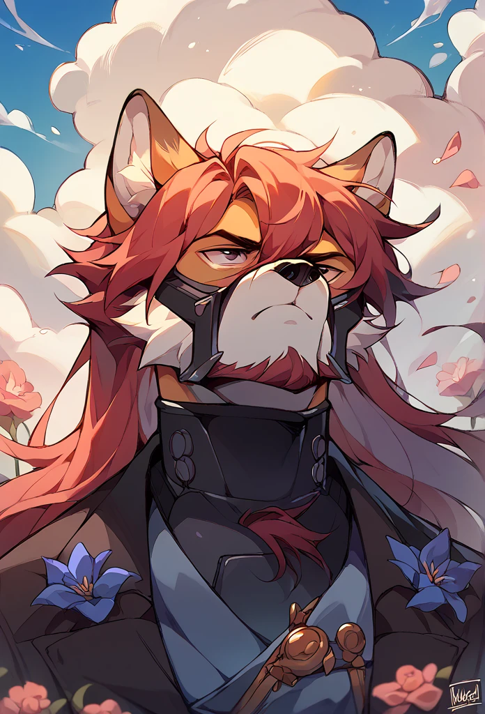 A fox, with a modquetero costume suit, Long hair, short black beard, Serious, head up, flowers around, clouds, bottom, youthful face, half body shot angle.