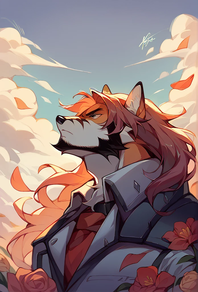 A fox, with a modquetero costume suit, Long hair, short black beard, Serious, head up, flowers around, clouds, bottom, youthful face, half body shot angle.