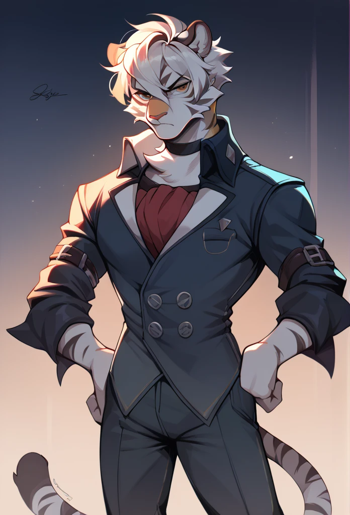 A tiger, with sleeves suit, Hairstyle (Pompadour), stopped, night low lighting, bottom, pose, posing,  Serious,  looking at the spectator, detailed youthful face, ojos detailed, hands on hips, detailed, takes medium body, High quality, 4k.