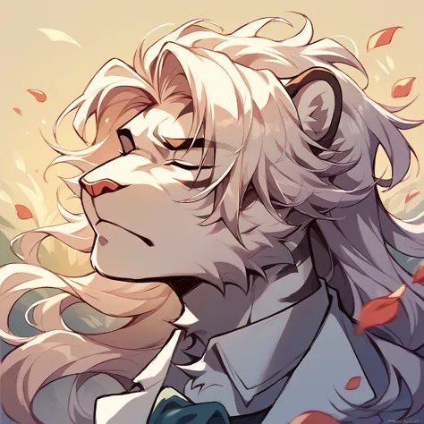 a juvenile tiger, hairstyle (long hair), in white suit, with eyes closed, while holding a daffodil, on the face in the middle of...