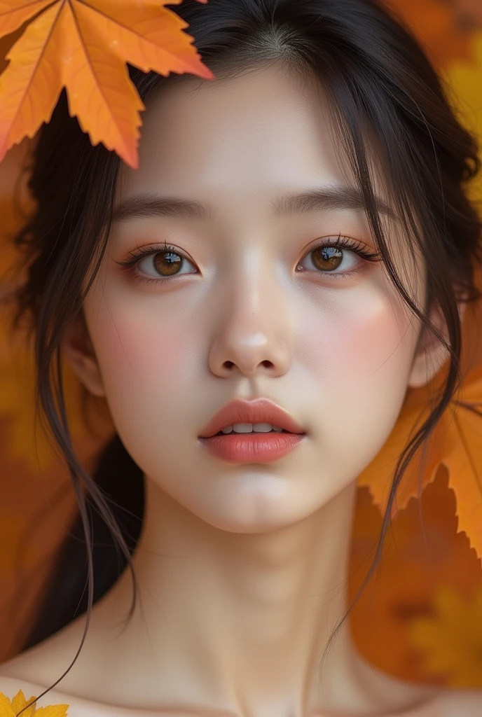 1girl, asian, autumn, minimalist, UHD, masterpiece, accurate, high details, high quality, award winning, best quality, highres, HD, 16k, beautiful detailed eyes, beautiful detailed lips, extremely detailed eyes and face, long eyelashes, orange leaves, fall colors, colorful, vibrant, serene, peaceful, whimsical, dreamlike, ethereal, soft lighting, warm tones