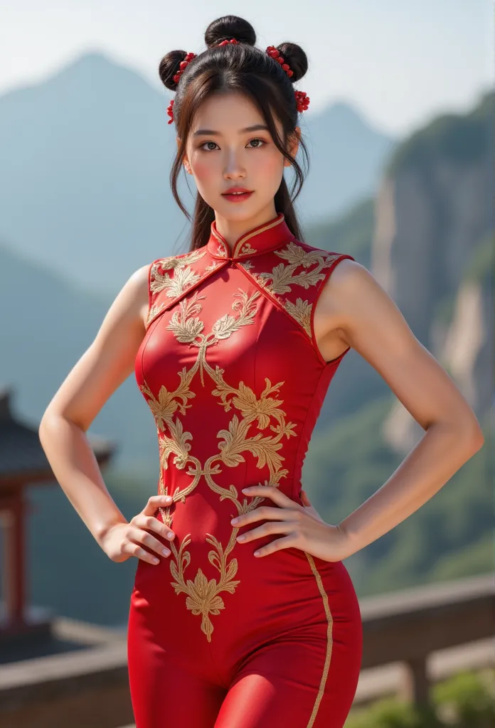 《street fight ii》chun-li,  perfect chun-li costume , ( red cheongsam with gold thread :1.3), burnhead, steamed bun cover , hands...