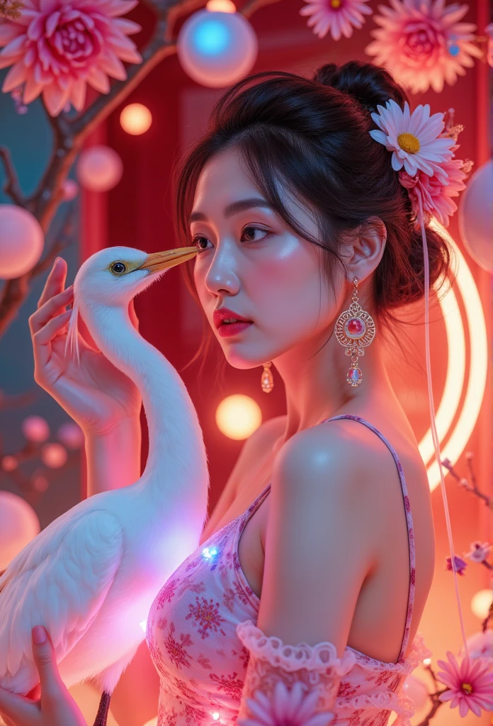 masterpiece, high quality, Best quality, Neon官方艺术,   beautiful and beautiful :1.2), Beautiful Chinese woman egret(1 girl:1.3),  Extremely Detailed,(Fractal Art:1.1 个Neon ),(Colorful:1.1 个Neon)(Flowers:1.3.Neon ),Highest detail,(原来是Neon:1.2), (Dynamic poses), (背景上的抽象Neon:1.3), ( radiant skin ), (multiple colors:1.4.Neon )Full HD, ,(earrings), (feature:1.5) , (flamethrower:1.3),霓虹红背景上的Neon ,Phoenix Neon,Neon,Full HD