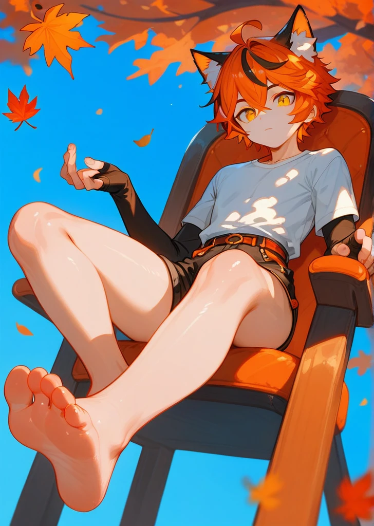 score_9,score_8_up,score_7_up,ncaaoo33,1boy,feet focus,feet,barefoot,toes,foreshortening,solo,cat ears,sitting,golden eyes,spread toes,orange hair,toenails,animal ear fluff,streaked hair,cat boy,detailed background,chair,bare legs,looking at viewer,multicolored hair,black shorts,sidelocks,legs,shiny,trees in background,french braid,blue background,long white shirt over waist,two feet,boy,tail,autumn leaves, leaves falling 