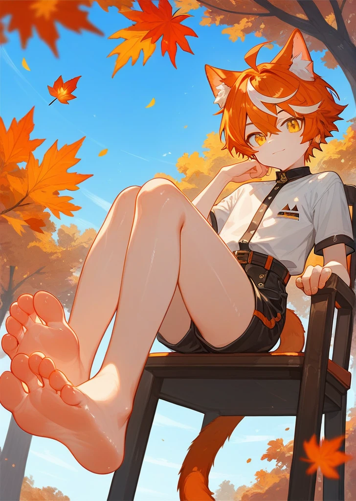 score_9,score_8_up,score_7_up,ncaaoo33,1boy,feet focus,feet,barefoot,toes,foreshortening,solo,cat ears,sitting,golden eyes,spread toes,orange hair,toenails,animal ear fluff,streaked hair,cat boy,detailed background,chair,bare legs,looking at viewer,multicolored hair,black shorts,sidelocks,legs,shiny,trees in background,french braid,blue background,long white shirt over waist,two feet,boy,tail,autumn leaves, leaves falling 