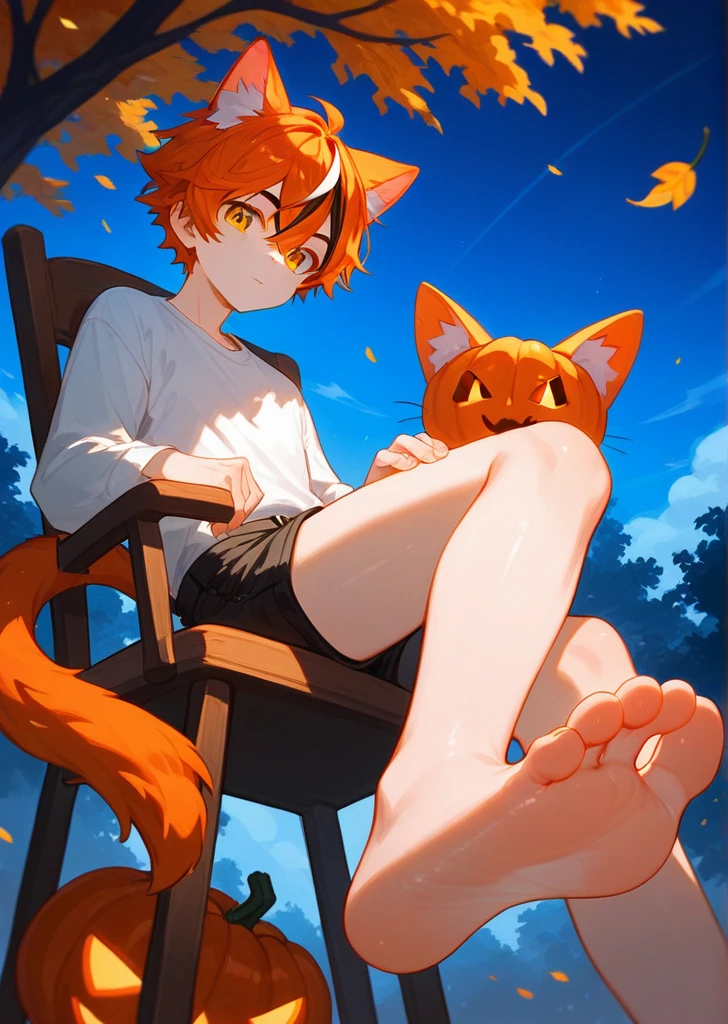 score_9,score_8_up,score_7_up,ncaaoo33,1boy,feet focus,feet,barefoot,toes,foreshortening,solo,cat ears,sitting,golden eyes,spread toes,orange hair,toenails,animal ear fluff,streaked hair,cat boy,detailed background,chair,bare legs,looking at viewer,multicolored hair,black shorts,sidelocks,legs,shiny,trees in background,french braid,blue background,long white shirt over waist,two feet,boy,tail,autumn leaves, leaves falling 