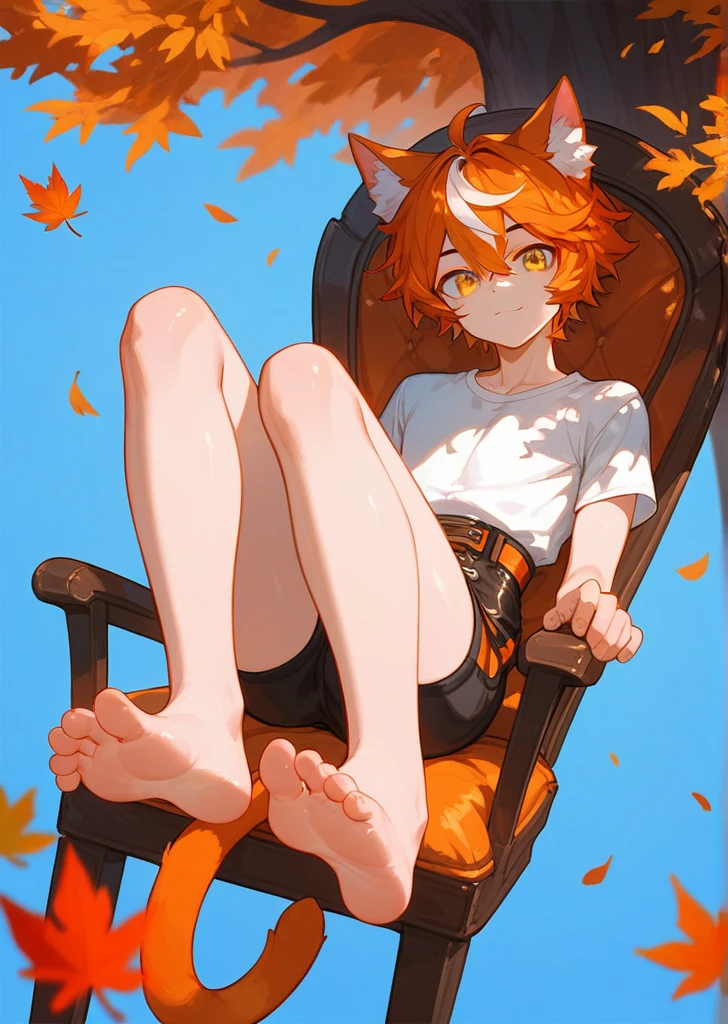 score_9,score_8_up,score_7_up,ncaaoo33,1boy,feet focus,feet,barefoot,toes,foreshortening,solo,cat ears,sitting,golden eyes,spread toes,orange hair,toenails,animal ear fluff,streaked hair,cat boy,detailed background,chair,bare legs,looking at viewer,multicolored hair,black shorts,sidelocks,legs,shiny,trees in background,french braid,blue background,long white shirt over waist,two feet,boy,tail,autumn leaves, leaves falling 