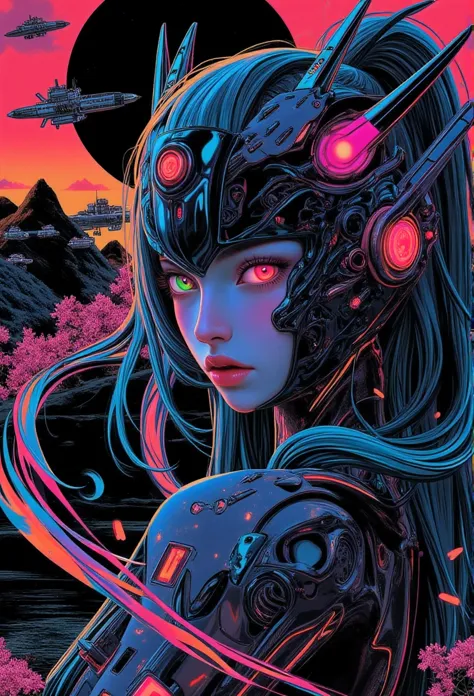 ((best quality)), ((masterpiece)), (detailed), perfect face of cyberpunk mecha japanese girl, neon rainbow eyes, metallic black ...