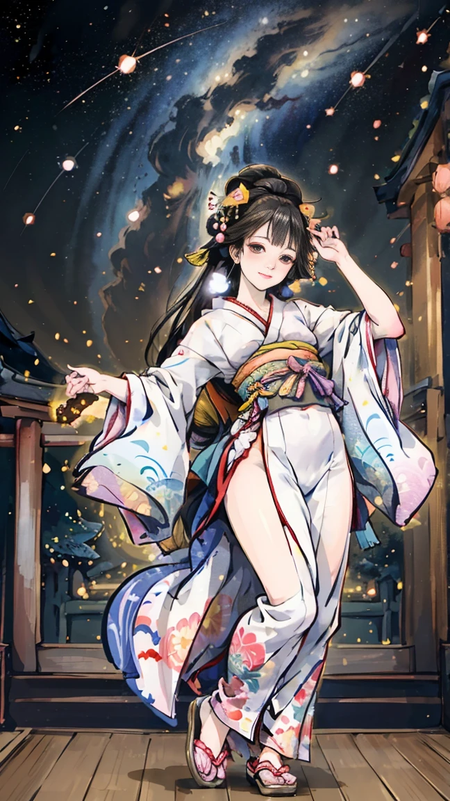 ( creates amazing digital illustrations of beautiful women wearing kimonos), Beautiful woman smiling, Showing upper white teeth, Brightly colored Ukiyo-e style illustration, Brownish black long hair, Beautiful full body style, ((If you want to dance, Dancing to Tokyo Ondo, All right, all right.)), Beautiful New Digital Painting, Bright and vibrant digital anime art, beautiful anime illustration art, The torii gate of a Japanese shrine is in the background., Starry Sky, milky way, Shooting Star, Unique creations and one-of-a-kind depictions , 