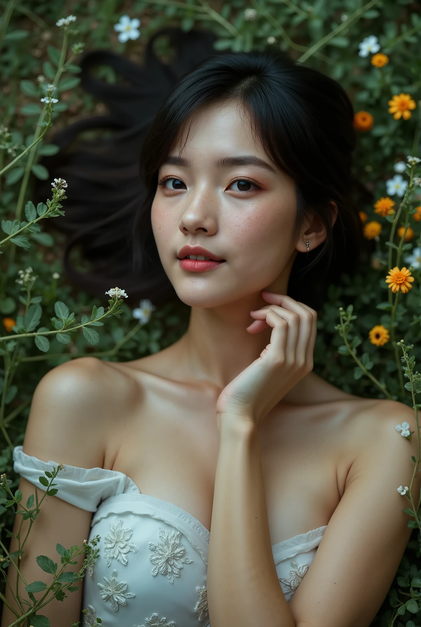 photography, realistic, Wong Kar-Wai movie, cowboy shot, from top down shot of a beautiful Asian woman lying in ground with grass and small flowers, she coy smiling, she rise a arm up, smooth under arm skin, beautiful makeup, she wearing sundress
