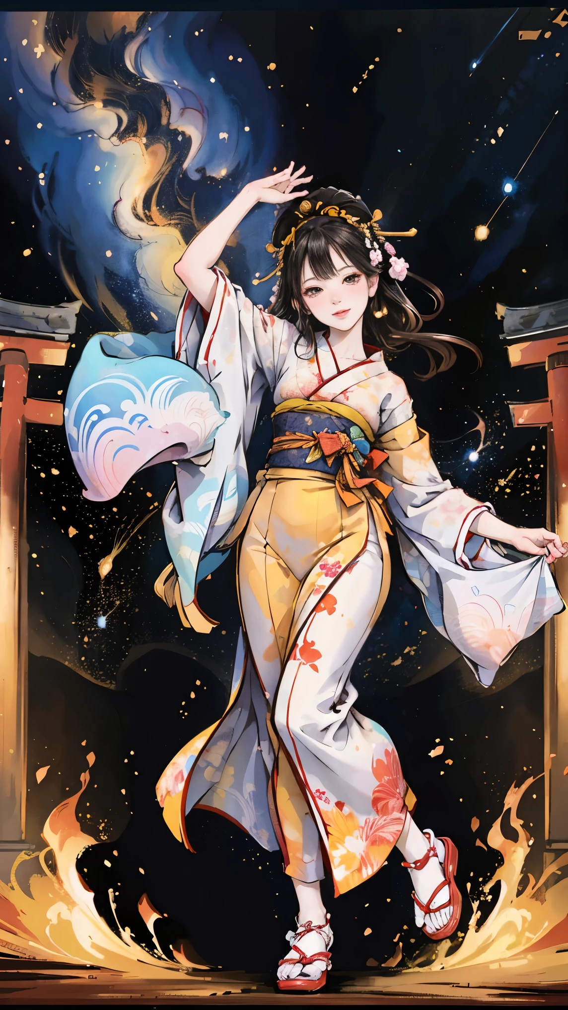 ( creates amazing digital illustrations of beautiful women wearing kimonos), Beautiful woman smiling, Showing upper white teeth, Brightly colored Ukiyo-e style illustration, Brownish black long hair, Beautiful full body style, ((If you want to dance, Dancing to Tokyo Ondo, All right, all right.)), Beautiful New Digital Painting, Bright and vibrant digital anime art, beautiful anime illustration art, The torii gate of a Japanese shrine is in the background., Starry Sky, milky way, Shooting Star, Unique creations and one-of-a-kind depictions , 