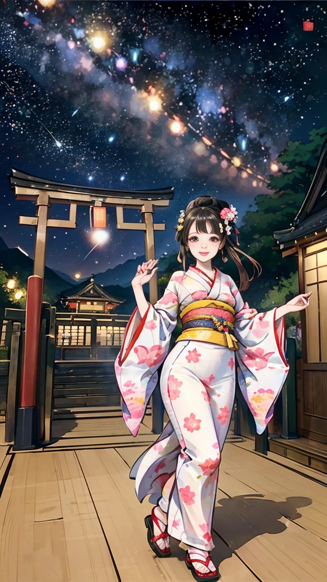 ( creates amazing digital illustrations of beautiful women wearing kimonos), Beautiful woman smiling, Showing upper white teeth, Brightly colored Ukiyo-e style illustration, Brownish black long hair, Beautiful full body style, ((If you want to dance, Dancing to Tokyo Ondo, All right, all right.)), Beautiful New Digital Painting, Bright and vibrant digital anime art, beautiful anime illustration art, The torii gate of a Japanese shrine is in the background., Starry Sky, milky way, Shooting Star, Unique creations and one-of-a-kind depictions , 