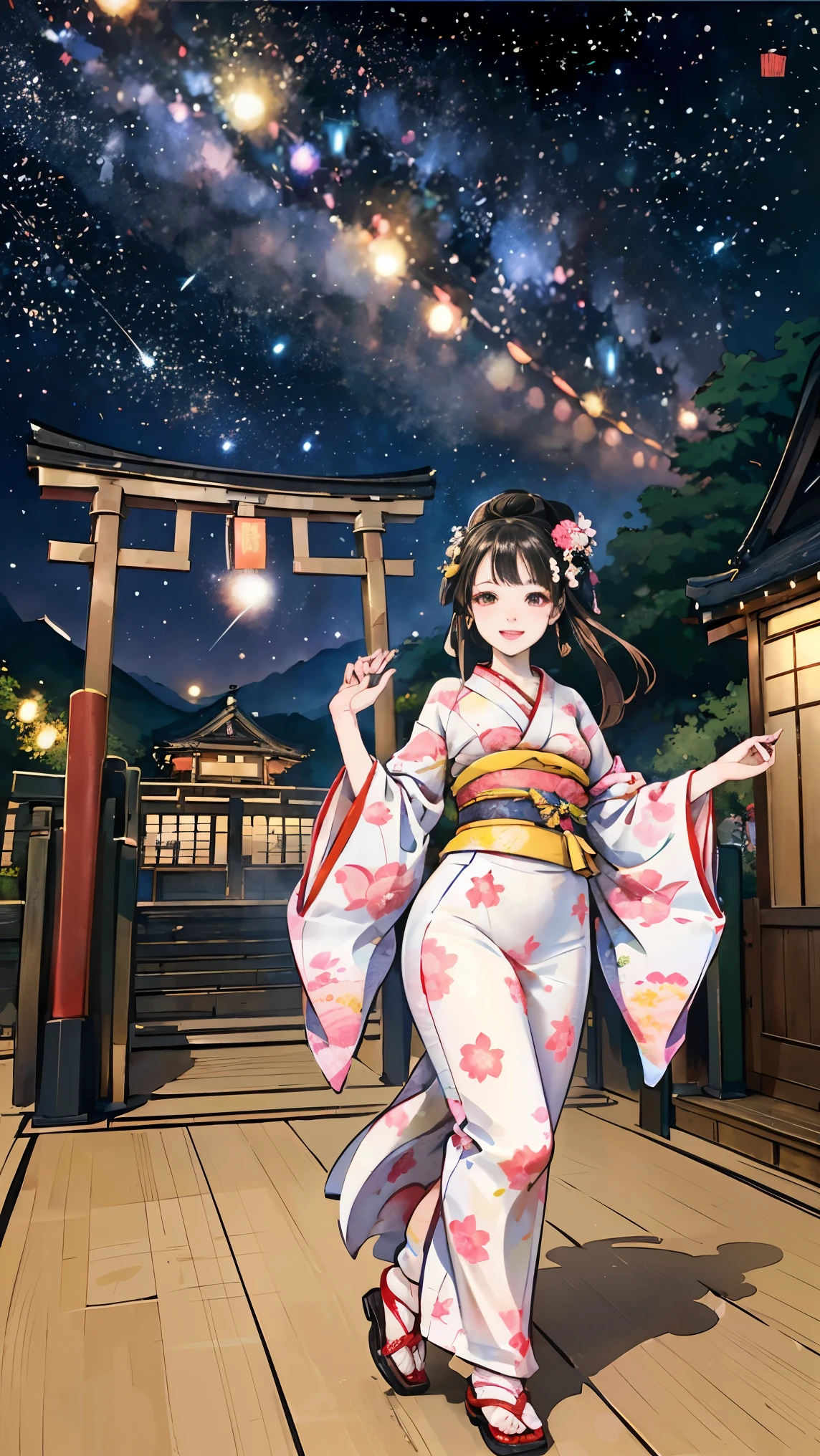 ( creates amazing digital illustrations of beautiful women wearing kimonos), Beautiful woman smiling, Showing upper white teeth, Brightly colored Ukiyo-e style illustration, Brownish black long hair, Beautiful full body style, ((If you want to dance, Dancing to Tokyo Ondo, All right, all right.)), Beautiful New Digital Painting, Bright and vibrant digital anime art, beautiful anime illustration art, The torii gate of a Japanese shrine is in the background., Starry Sky, milky way, Shooting Star, Unique creations and one-of-a-kind depictions , 