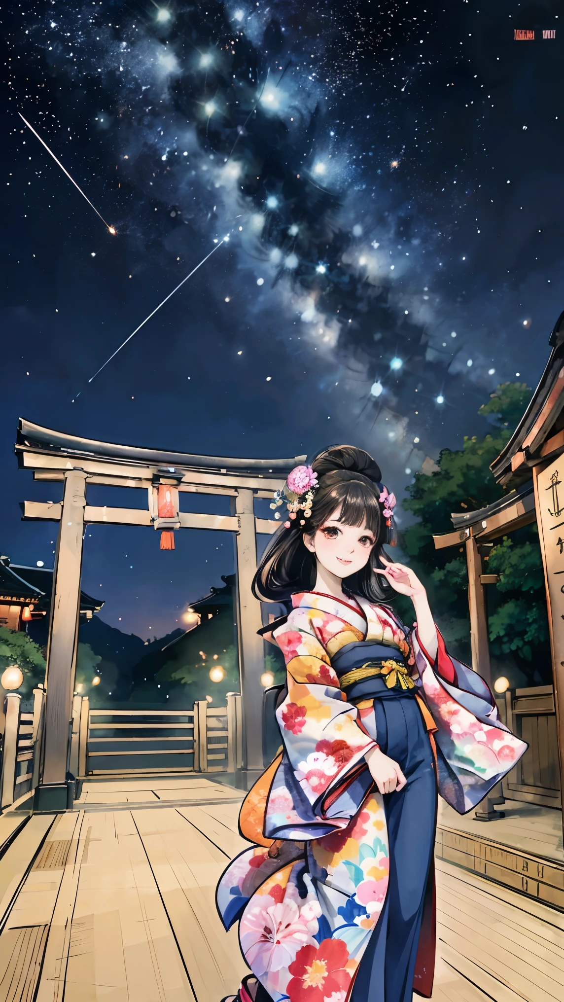 ( creates amazing digital illustrations of beautiful women wearing kimonos), Beautiful woman smiling, Showing upper white teeth, Brightly colored Ukiyo-e style illustration, Brownish black long hair, Beautiful full body style, ((If you want to dance, Dancing to Tokyo Ondo, All right, all right.)), Beautiful New Digital Painting, Bright and vibrant digital anime art, beautiful anime illustration art, The torii gate of a Japanese shrine is in the background., Starry Sky, milky way, Shooting Star, Unique creations and one-of-a-kind depictions , 