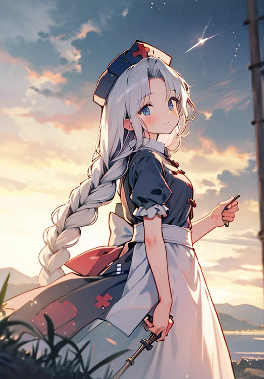 yagokoro_eirin_(touhou), long_hair, white_hair, twin_braids, blue_eyes, collared_dress_with_constellation_print, petticoat, frilled_dress_with_puffy_short_sleeves, white_sash, nurse_cap, blue_hat, red_cross, bow_(weapon), cute_face, good_anatomy, beautiful, best_quality, yagokoro_eirin, yagokoro_eirin, nurse_cap, short_sleeves, yagokoro_eirin, 1girl, nurse_cap, long_hair, braid, blue_eyes, white_hair, multicolored_clothes, multicolored_dress, short_sleeves