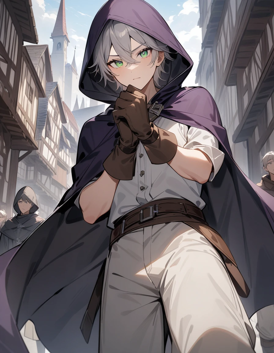 
(masterpiece:1.2),High resolution, Attention to detail, high quality, High resolution, high quality,
 4K, 8k、Beautiful work, a scene in a medieval city with a  1 boy. 22 year old man with
dark purple hood and cape. wild grey hair, light green eyes, Wearing a white button-down shirt
Wearing blank pants Wearing a brown belt Wearing short black boots , male, man
Wearing brown gloves on your hands. Full of energy, Radiant Skin,thin, tall,looking at the viewer