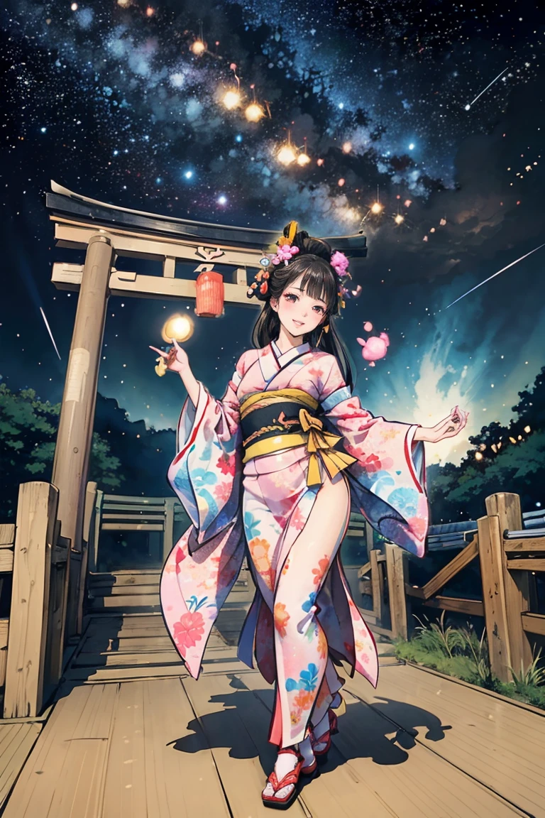 ( creates amazing digital illustrations of beautiful women wearing kimonos), Beautiful woman smiling, Showing upper white teeth, Brightly colored Ukiyo-e style illustration, Brownish black long hair, Beautiful full body style, ((If you want to dance, Dancing to Tokyo Ondo, All right, all right.)), Beautiful New Digital Painting, Bright and vibrant digital anime art, beautiful anime illustration art, The torii gate of a Japanese shrine is in the background., Starry Sky, milky way, Shooting Star, Unique creations and one-of-a-kind depictions , 