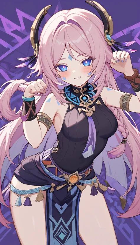 citlali ,シトラリ(genshin impact), 1girl,cowboy shot,naughty face,paw pose,pink hair, parted bangs, very long hair, hair down, braids, hair ornament, facial Mark, blue eyes, pink pupils, tribal clothes,waistcloth,Genshin Impact Style, AddXL, touches hair, glowing eyes, blush, beautiful detailed, hyper detail, masterpiece, best quality, bright, hair ornament, facial Mark, citlali,purple Geometric background