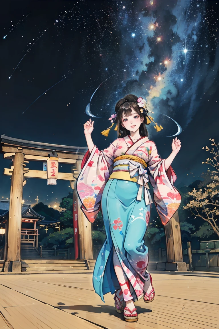 ( creates amazing digital illustrations of beautiful women wearing kimonos), Beautiful woman smiling, Showing upper white teeth, Brightly colored Ukiyo-e style illustration, Brownish black long hair, Beautiful full body style, ((If you want to dance, Dancing to Tokyo Ondo, All right, all right.)), Beautiful New Digital Painting, Bright and vibrant digital anime art, beautiful anime illustration art, The torii gate of a Japanese shrine is in the background., Starry Sky, milky way, Shooting Star, Unique creations and one-of-a-kind depictions , 