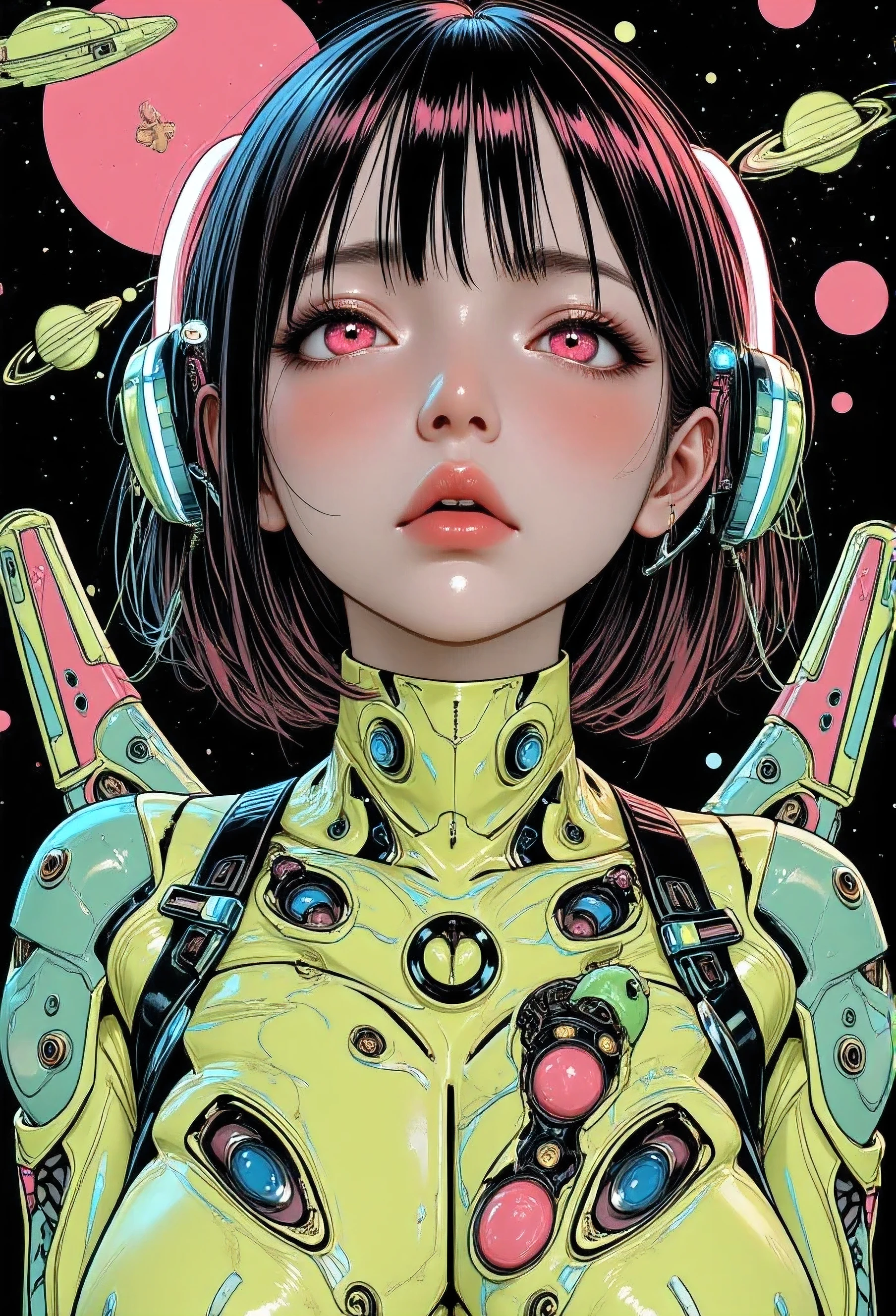 ((best quality)), ((masterpiece)), (detailed), perfect face of cyberpunk mecha japanese girl, neon pink eyes, neon green body, neon green hair, ((monochromatic neon pink, yellow, and green color palette)), surreal, art nouveau, in the illustrative style of moebius, spaceships, aliens, fantasy, sci-fi, graphic novel, line drawing, french retro, bizarre, gallery worthy, work of uncanny art,
