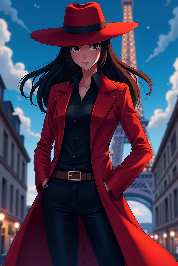 (realistic:0.2), anime illustration, 1girl,, red coat, big red hat, in paris france, sfw, black pants, black office shirt,, carmen sandiego,, blue sky,, long hair,, dramatic lightning, lights, epic lights, light on face, backlit, face light, lit face, fill lamp, fill light, ((masterpiece)),   (carmen_sandiego_v1-1_shurik-2000:0.6)