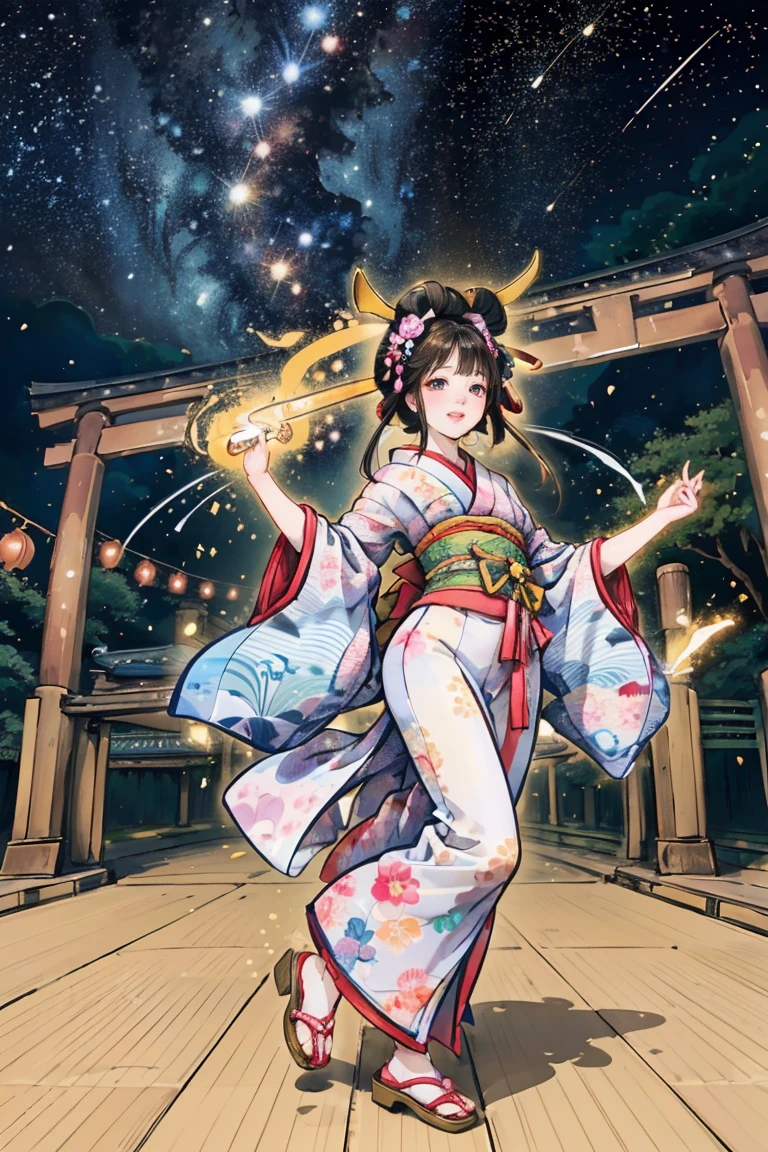 ( creates amazing digital illustrations of beautiful women wearing kimonos), Beautiful woman smiling, Showing upper white teeth, Brightly colored Ukiyo-e style illustration, Brownish black long hair, Beautiful full body style, ((If you want to dance, Dancing to Tokyo Ondo, All right, all right.)), Beautiful New Digital Painting, Bright and vibrant digital anime art, beautiful anime illustration art, The torii gate of a Japanese shrine is in the background., Starry Sky, milky way, Shooting Star, Unique creations and one-of-a-kind depictions , 