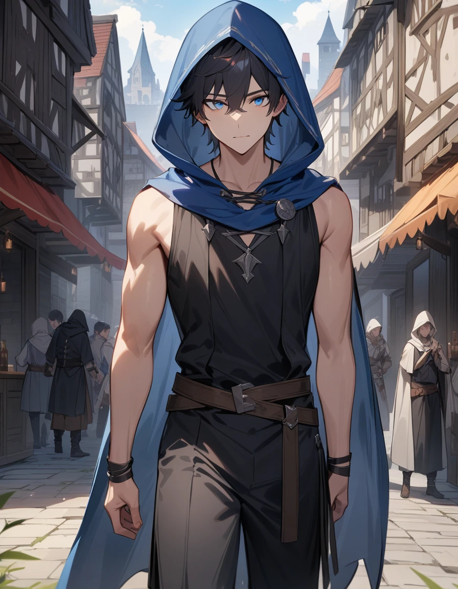 (masterpiece:1.2),High resolution, Attention to detail, high quality, High resolution, high quality,
 4K, 8k、Beautiful work, a scene in a medieval city with a  1 boy. 22 year old man with
light blue hood and cape. wild dark hair, light blue eyes, Wearing a sleeveless black tunic
Wearing blak pants Wearing a brown belt Wearing black boots , male, man
Full of energy, Radiant Skin,thin, tall, looking at the viewer