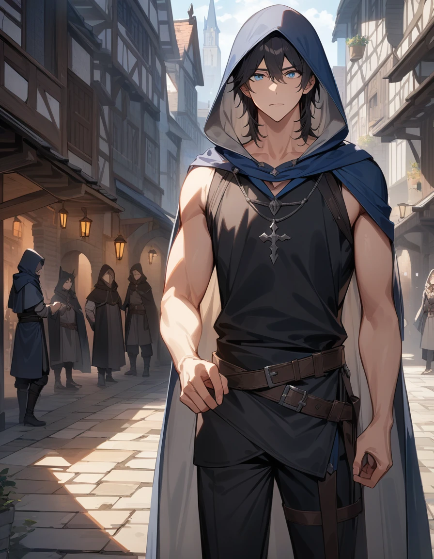 (masterpiece:1.2),High resolution, Attention to detail, high quality, High resolution, high quality,
 4K, 8k、Beautiful work, a scene in a medieval city with a  1 boy. 22 year old man with
light blue hood and cape. wild dark hair, light blue eyes, Wearing a sleeveless black tunic
Wearing blak pants Wearing a brown belt Wearing black boots , male, man
Full of energy, Radiant Skin,thin, tall, looking at the viewer