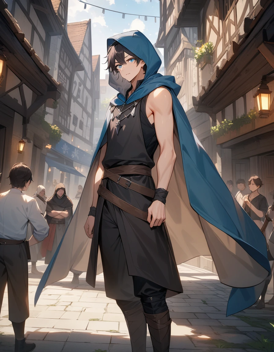 (masterpiece:1.2),High resolution, Attention to detail, high quality, High resolution, high quality,
 4K, 8k、Beautiful work, a scene in a medieval city with a  1 boy. 22 year old man with
light blue hood and cape. wild dark hair, light blue eyes, Wearing a sleeveless black tunic
Wearing blak pants Wearing a brown belt Wearing black boots , male, man
Full of energy, Radiant Skin,thin, tall, looking at the viewer