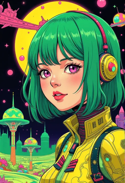 ((best quality)), ((masterpiece)), (detailed), perfect face of cyberpunk mecha japanese girl, neon pink eyes, neon green body, n...