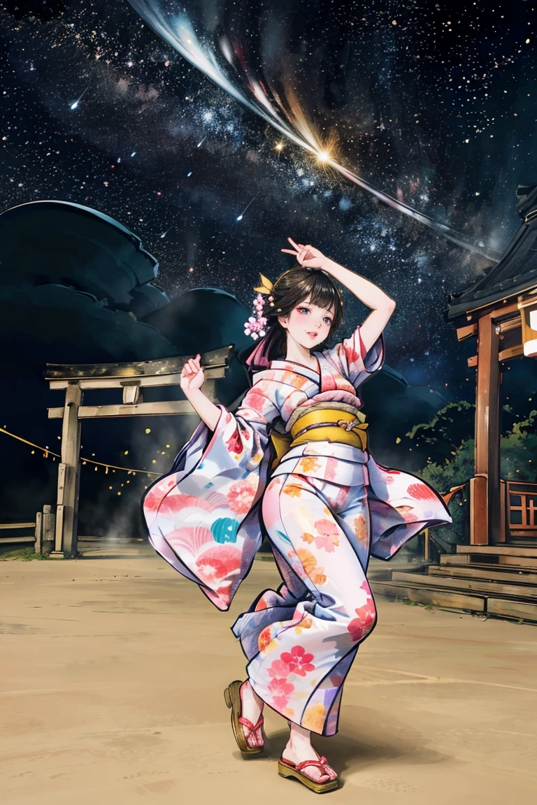 ( creates amazing digital illustrations of beautiful women wearing kimonos), Beautiful woman smiling, Showing upper white teeth, Brightly colored Ukiyo-e style illustration, Brownish black long hair, Beautiful full body style, ((If you want to dance, Dancing to Tokyo Ondo, All right, all right.)), Beautiful New Digital Painting, Bright and vibrant digital anime art, beautiful anime illustration art, The torii gate of a Japanese shrine is in the background., Starry Sky, milky way, Shooting Star, Unique creations and one-of-a-kind depictions , 