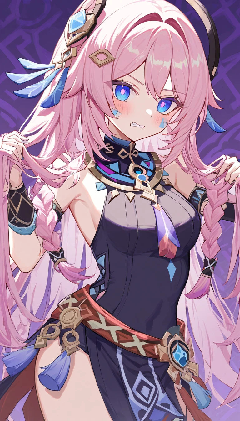 citlali ,シトラリ(genshin impact), 1girl,cowboy shot,clenched teeth,pointing,pink hair, parted bangs, very long hair, hair down, braids, hair ornament, facial Mark, blue eyes, pink pupils, tribal clothes,waistcloth,Genshin Impact Style, AddXL, touches hair, glowing eyes, blush, beautiful detailed, hyper detail, masterpiece, best quality, bright, hair ornament, facial Mark, citlali,purple Geometric background