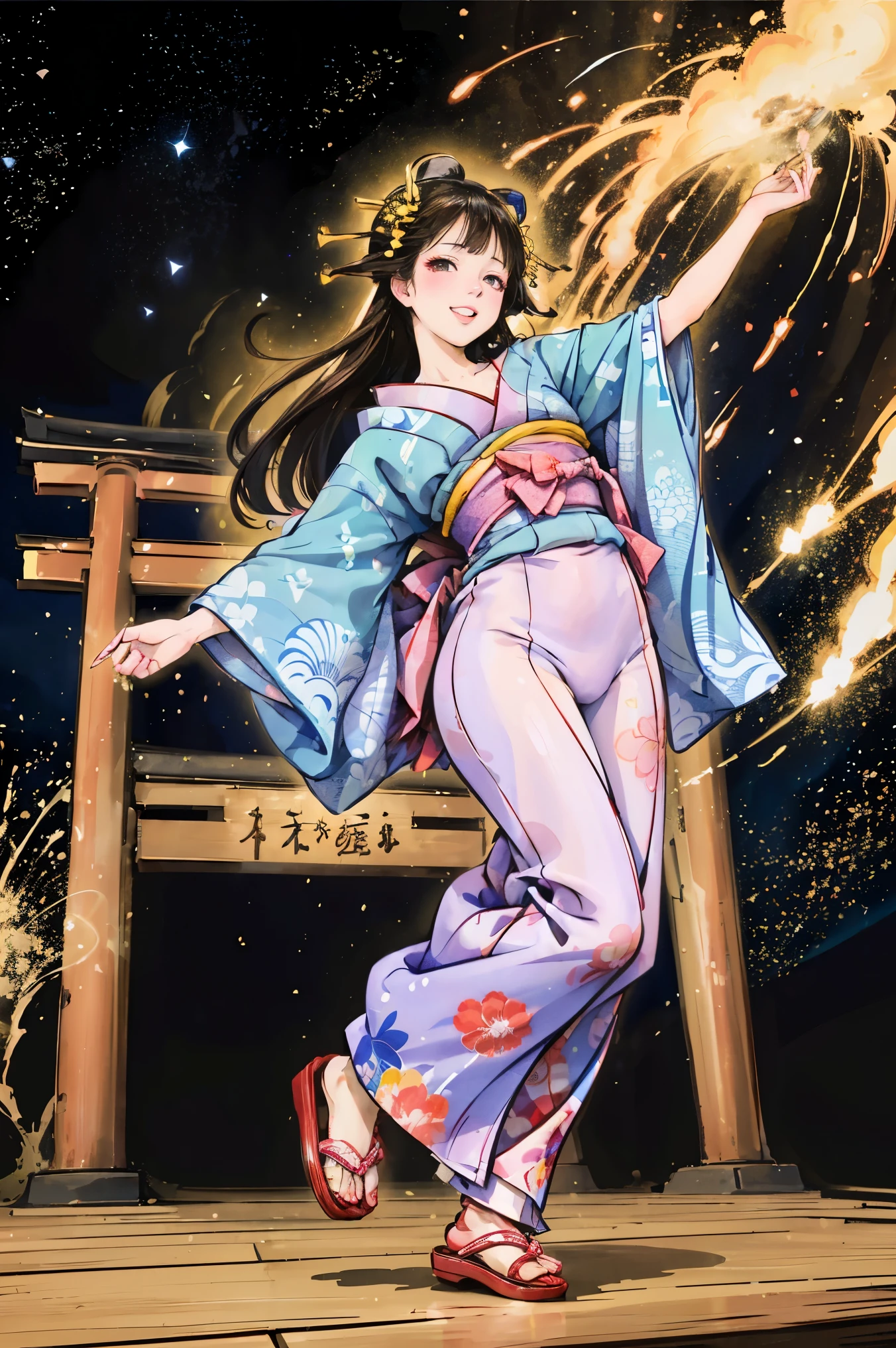 ( creates amazing digital illustrations of beautiful women wearing kimonos), Beautiful woman smiling, Showing upper white teeth, Brightly colored Ukiyo-e style illustration, Brownish black long hair, Beautiful full body style, ((If you want to dance, Dancing to Tokyo Ondo, All right, all right.)), Beautiful New Digital Painting, Bright and vibrant digital anime art, beautiful anime illustration art, The torii gate of a Japanese shrine is in the background., Starry Sky, milky way, Shooting Star, Unique creations and one-of-a-kind depictions , 