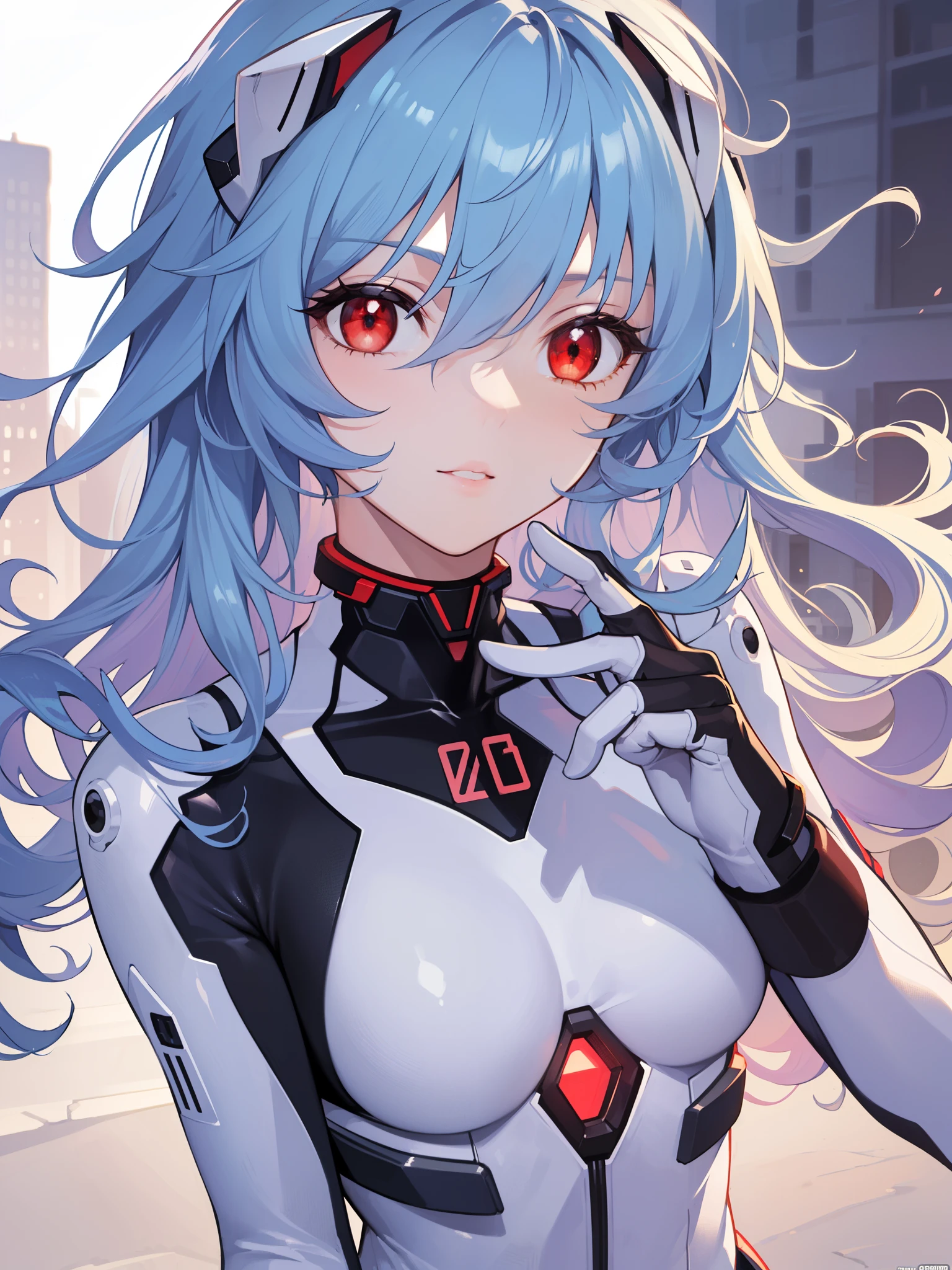 masterpiece, best quality, integrated scenery, integrated background, extremely delicate and beautiful, meticulous details, good composition, , cute face, perfect face, perfect hands ,reiayanami, Rei Ayanami, Blue hair,(Long_messy_hair:1.4),(curly hair:1.4), (Red Eyes:1.5),light_smile,(half_eye:1.5)
BREAK bodysuit, headgear, plugsuit, White bodysuit,cowboy_shot,
BREAK outdoors, city,
BREAK looking at viewer, 
BREAK (masutepiece:1.2), Best Quality, High resolution, Unity 8k Wallpaper, (Illustration:0.8), (Beautiful detailed eyes:1.6), extra detailed face, Perfect Lighting, extremely details CG, (Perfect hands, Perfect Anatomy),