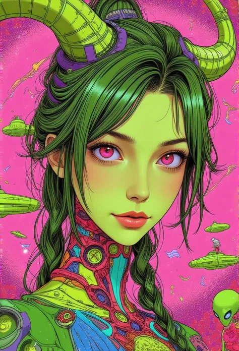 ((best quality)), ((masterpiece)), (detailed), perfect face of cyberpunk mecha japanese girl, neon pink eyes, neon green body, n...