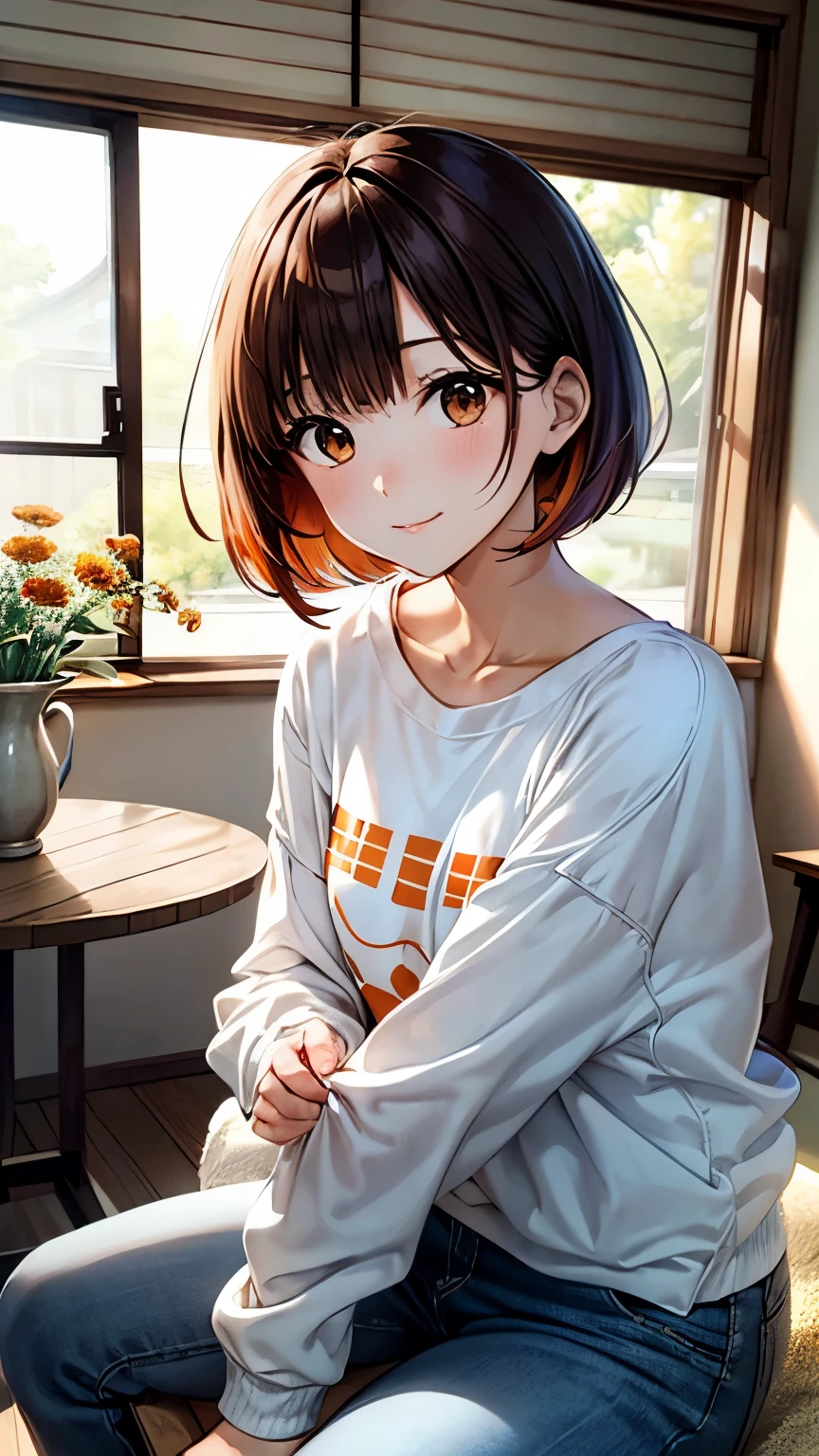 An anime-style 25-year-old Japanese mother named Shiori with a fluffy orange bob cut and gentle brown eyes. She is wearing an orange long-sleeved T-shirt and blue jeans, complemented by comfortable slippers. She is barefoot and depicted from head to toe in a cozy living room with minimal furniture, either doing housework or resting after chores. A vase with fresh flowers sits on a nearby table. High detail, soft lighting, peaceful atmosphere.
