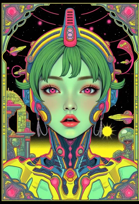 ((best quality)), ((masterpiece)), (detailed), perfect face of cyberpunk mecha japanese girl, neon pink eyes, neon green body, n...