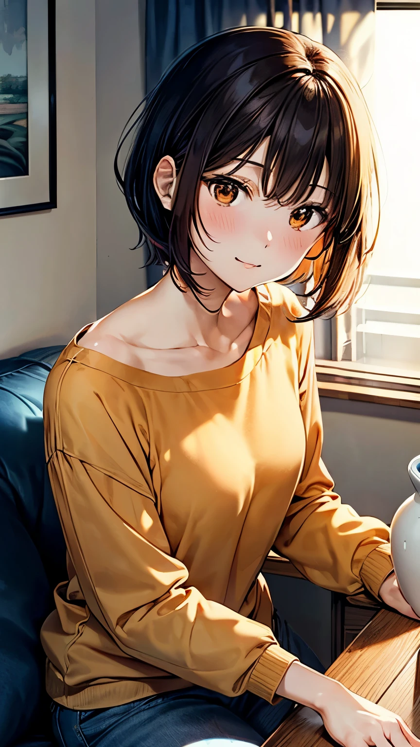 An anime-style 25-year-old Japanese mother named Shiori with a fluffy orange bob cut and gentle brown eyes. She is wearing an orange long-sleeved T-shirt and blue jeans, complemented by comfortable slippers. She is barefoot and depicted from head to toe in a cozy living room with minimal furniture, either doing housework or resting after chores. A vase with fresh flowers sits on a nearby table. High detail, soft lighting, peaceful atmosphere.
