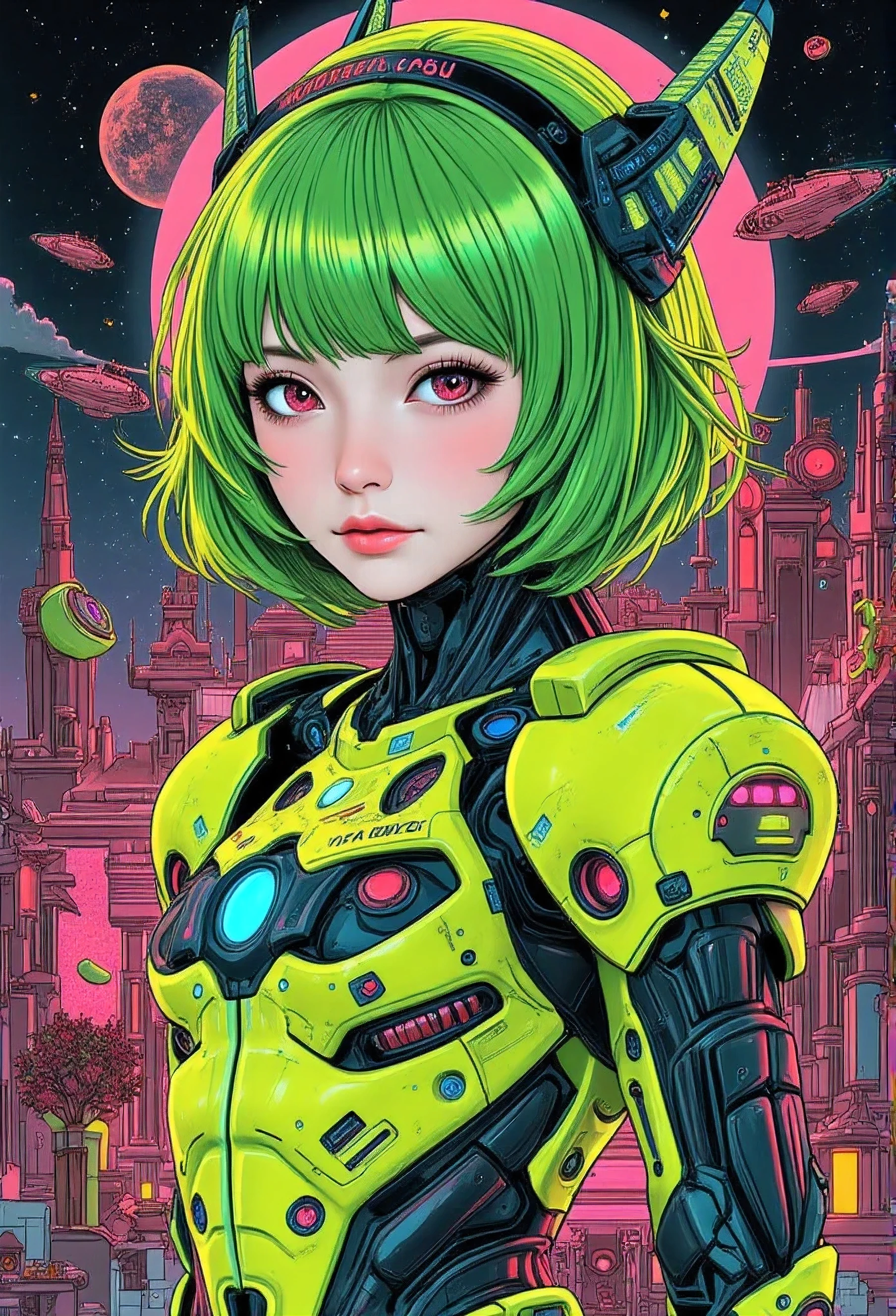 ((best quality)), ((masterpiece)), (detailed), perfect face of cyberpunk mecha japanese girl, neon pink eyes, neon green body, neon green hair, ((monochromatic neon pink, yellow, and green color palette)), surreal, art nouveau, in the illustrative style of moebius, spaceships, aliens, fantasy, sci-fi, graphic novel, line drawing, french retro, bizarre, gallery worthy, work of uncanny art,
