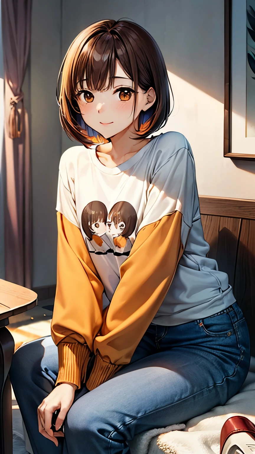 An anime-style 25-year-old Japanese mother named Shiori with a fluffy orange bob cut and gentle brown eyes. She is wearing an orange long-sleeved T-shirt and blue jeans, complemented by comfortable slippers. She is barefoot and depicted from head to toe in a cozy living room with minimal furniture, either doing housework or resting after chores. A vase with fresh flowers sits on a nearby table. High detail, soft lighting, peaceful atmosphere.
