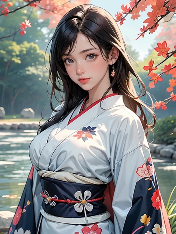 (Best Quality, High resolution, 8k), Japanese painting style, Beautiful Japanese women who look good in kimono,  Japanese clothing with calm colors and patterns, Light brown-black hair, Beautiful eyes, Beautiful lips,  beautiful face with a well-groomed face, Facial detailing, Large Breasts, A biologically healthy body, Detailed and delicate depiction, A flashy and dynamic painting technique, Japanese style garden,  Japanese style hotel, Autumn season, The autumn leaves are beautiful, Autumn flowers are blooming, The silver grass is swaying, Cosmos flowers are blooming, Wind blows hair up , Vibrant colors, Look at me and smile, blue sky, White Clouds, Detailed illustration art, Unique creation and drawing, 