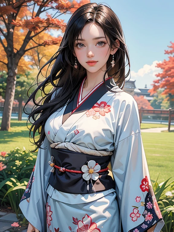 (Best Quality, High resolution, 8k), Japanese painting style, Beautiful Japanese women who look good in kimono,  Japanese clothing with calm colors and patterns, Light brown-black hair, Beautiful eyes, Beautiful lips,  beautiful face with a well-groomed face, Facial detailing, Large Breasts, A biologically healthy body, Detailed and delicate depiction, A flashy and dynamic painting technique, Japanese style garden,  Japanese style hotel, Autumn season, The autumn leaves are beautiful, Autumn flowers are blooming, The silver grass is swaying, Cosmos flowers are blooming, Wind blows hair up , Vibrant colors, Look at me and smile, blue sky, White Clouds, Detailed illustration art, Unique creation and drawing, 