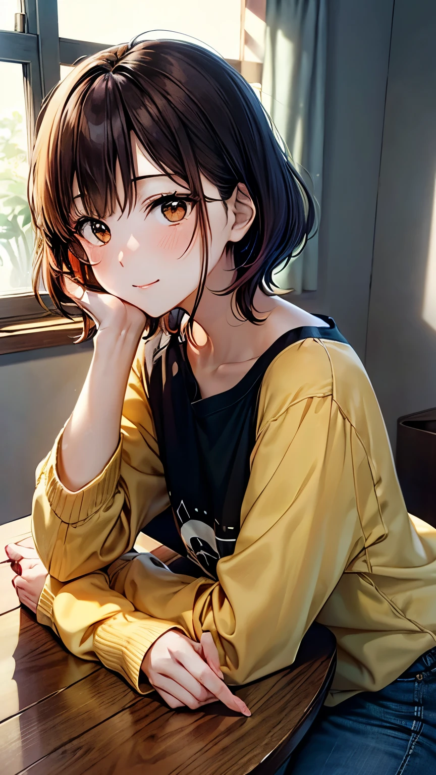 An anime-style 25-year-old Japanese mother named Shiori with a fluffy orange bob cut and gentle brown eyes. She is wearing an orange long-sleeved T-shirt and blue jeans, complemented by comfortable slippers. She is barefoot and depicted from head to toe in a cozy living room with minimal furniture, either doing housework or resting after chores. A vase with fresh flowers sits on a nearby table. High detail, soft lighting, peaceful atmosphere.
