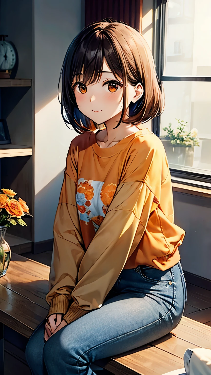 An anime-style 25-year-old Japanese mother named Shiori with a fluffy orange bob cut and gentle brown eyes. She is wearing an orange long-sleeved T-shirt and blue jeans, complemented by comfortable slippers. She is barefoot and depicted from head to toe in a cozy living room with minimal furniture, either doing housework or resting after chores. A vase with fresh flowers sits on a nearby table. High detail, soft lighting, peaceful atmosphere.
