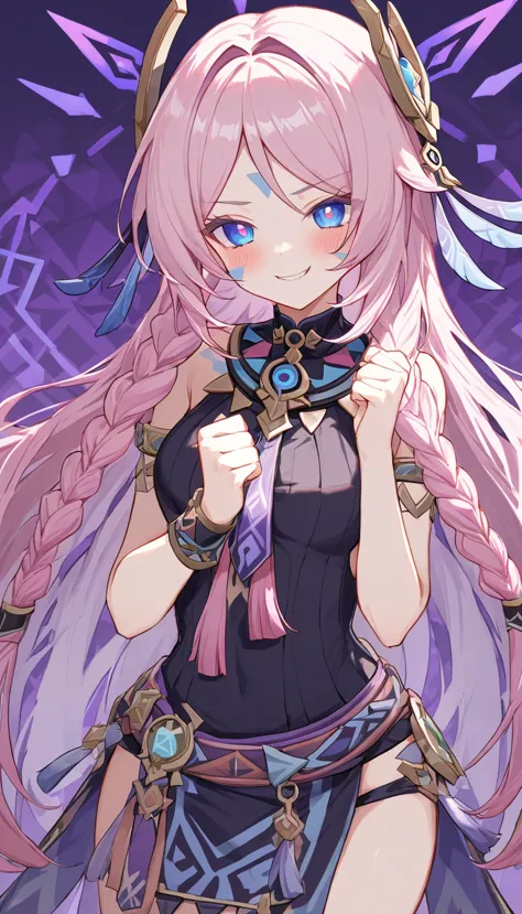 citlali ,シトラリ(genshin impact), 1girl,cowboy shot,evil smile,(clenched hands),pink hair, parted bangs, very long hair, hair down, braids, hair ornament, facial Mark, blue eyes, pink pupils,tribal clothes,Purple Pareo,waistcloth,Genshin Impact Style, AddXL, touches hair, glowing eyes, blush, beautiful detailed, hyper detail, masterpiece, best quality, bright, hair ornament, facial Mark, citlali,purple Geometric background